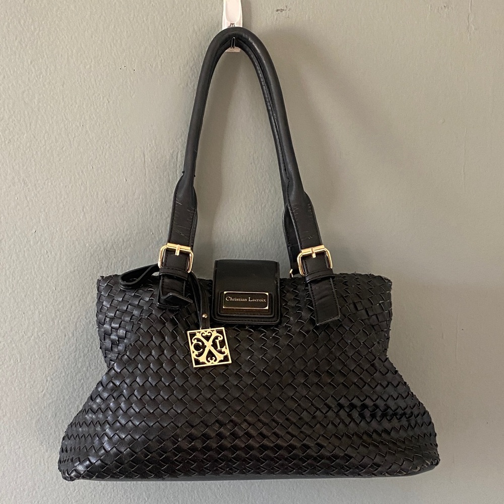 Christian Lacroix Black Woven Leather Shoulder Bag with Gold Charm - double zip